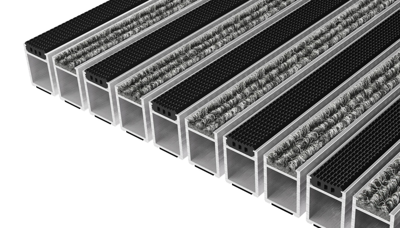 Top Clean High Aluminum Entrance Matting - 42mm with Ribbed Carpet and Grooved Rubber